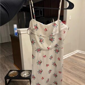 White Floral Ruffle Midi Dress with Spaghetti Straps